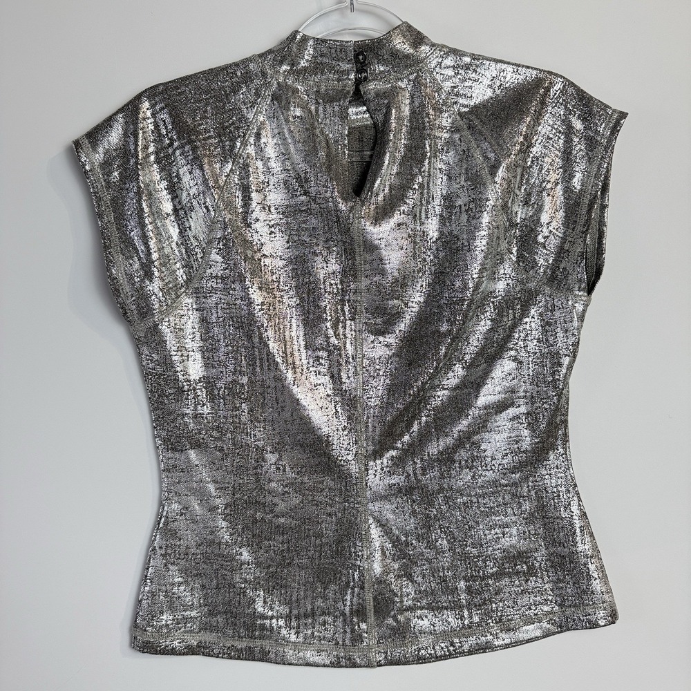 Pilcro Metallic Silver Mock Neck Cap Sleeve Top Small Party‎ Cocktails Wedding - Picture 4 of 12